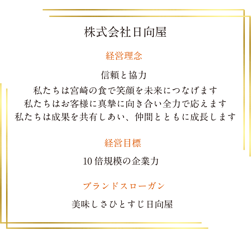 経営理念:信頼と協力 私たちは宮崎の食で未来に繋げます　私たちはお客様に真摯に向き合い全力で応えます　私たちは成果を共有しあい、仲間とともに成長します/経営目標:10倍規模の企業力/スローガン：美味しさひとすじ日向屋